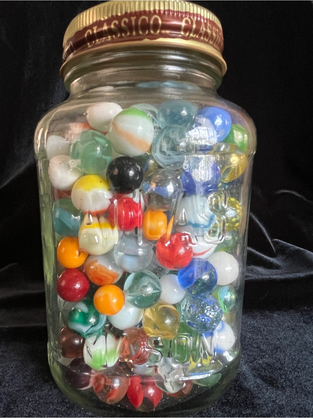 Vintage MARBLES QUART JAR of OLD GLASS MARBLES random mixed